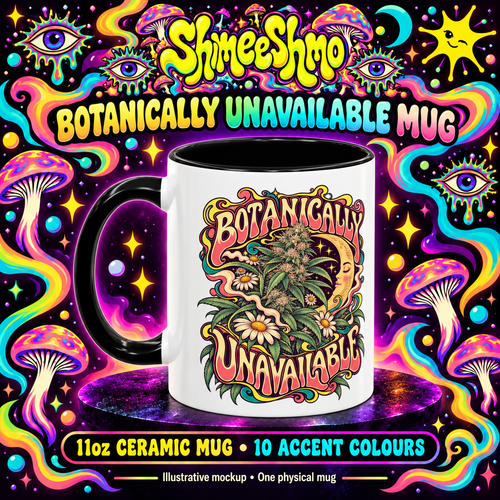 Illustrative mockup of one 11oz Botanically Unavailable mug, printed side facing forward