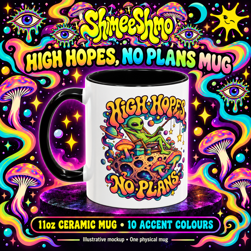 Illustrative mockup of one 11oz High Hopes, No Plans mug, printed side facing forward