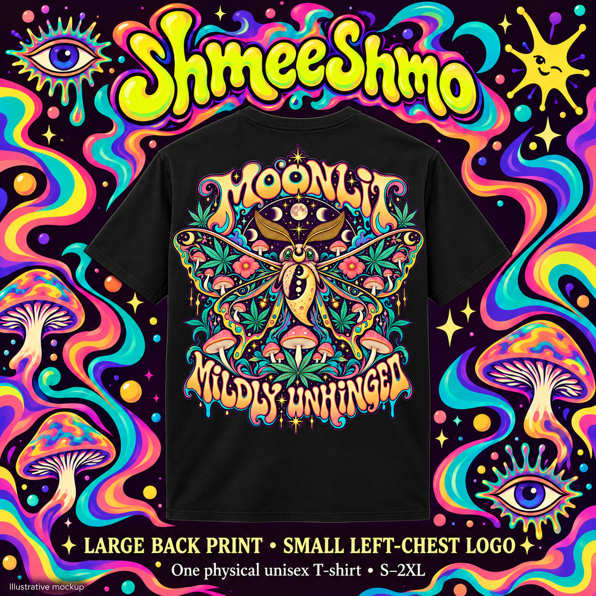 Shirt-only illustrative mockup, Moonlit, Mildly Unhinged Psychedelic T-Shirt, Large Back Print & Small ShmeeShmo Chest Logo