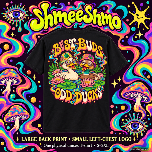 Shirt-only illustrative mockup, Best Buds, Odd Ducks Psychedelic T-Shirt, Large Back Print & Small ShmeeShmo Chest Logo