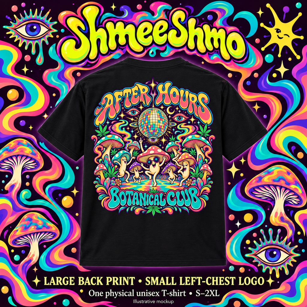 Shirt-only illustrative mockup, ShmeeShmo After Hours Club Psychedelic T-Shirt, Large Back Print & Small ShmeeShmo Chest Logo