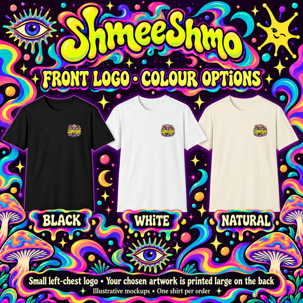 ShmeeShmo small left-chest logo on standalone Black, White and Natural T-shirts; chosen design printed large on back