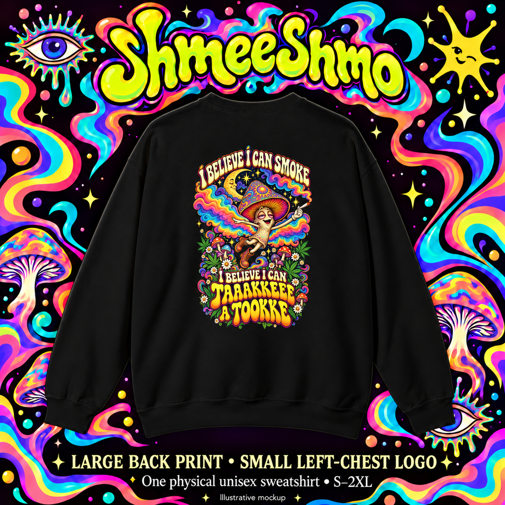 I Believe I Can Smoke — black garment back print, ShmeeShmo branded illustrative mockup